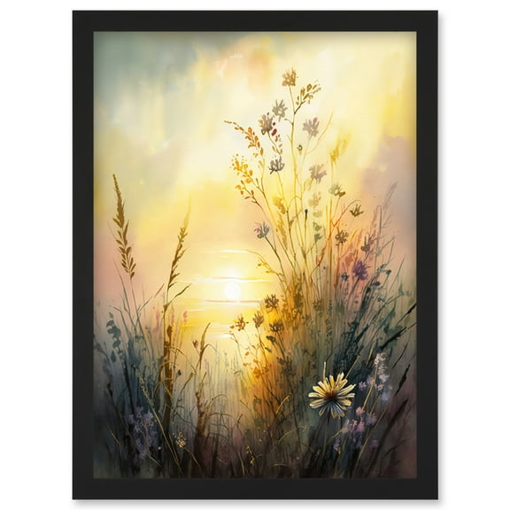 Wildflower by Lakeside on a Misty Morning Sunrise Modern Watercolour Painting Artwork Framed Wall Art Print A4