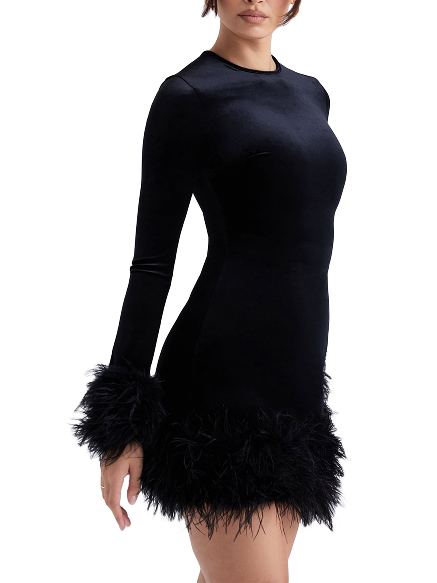 New Look 90s mini dress with faux feather trim in black