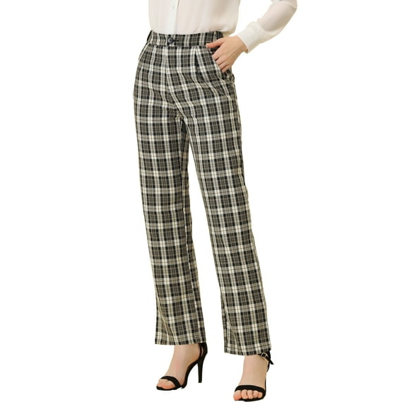 INSPIRE CHIC Women's Plaid Elastic Waist Button Zipper Straight Leg Long Pants S Black Beige