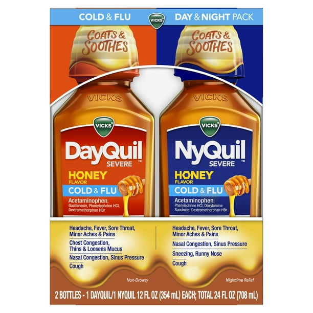 Vicks DayQuil & NyQuil Honey Cough, Cold and Flu Medicine, 12 oz 2 pk
