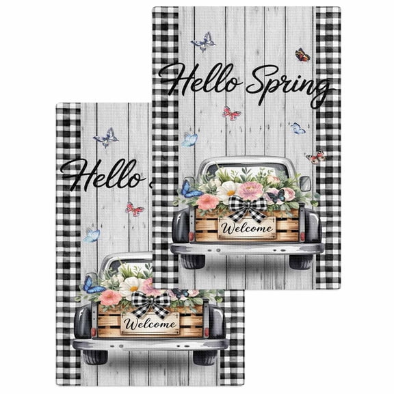 Spring Flowers Kitchen Dish Towels for Drying Dishes Set of 2, Farmhouse Truck Black Plaid Wood Grain Waffle Weave Microfiber Hand Tea Bathroom Towels Quick Dry & Absorbent Towel 15.7x23.6