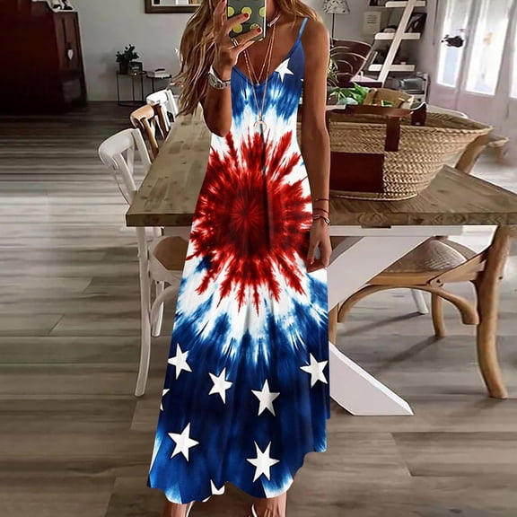 SELONE Womens 4th of July Outfit Independence Day Sundress Red White and Blue Wear Hawaiian Patriotic Graphic Clothes S