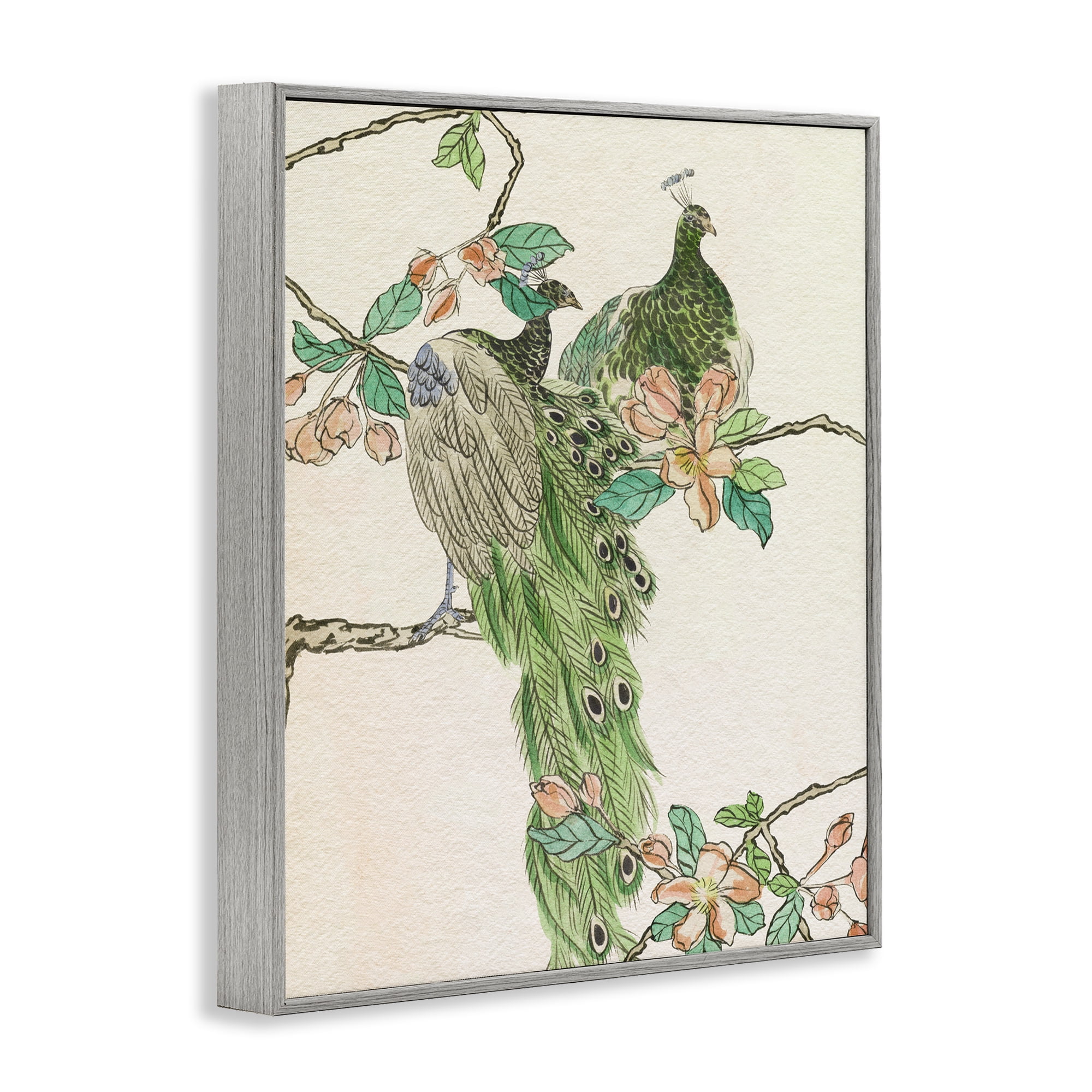 Stupell Industries Traditional Floral Peacock Animals & Insects Painting Gray Framed Art Print Wall Art, 24 x 30