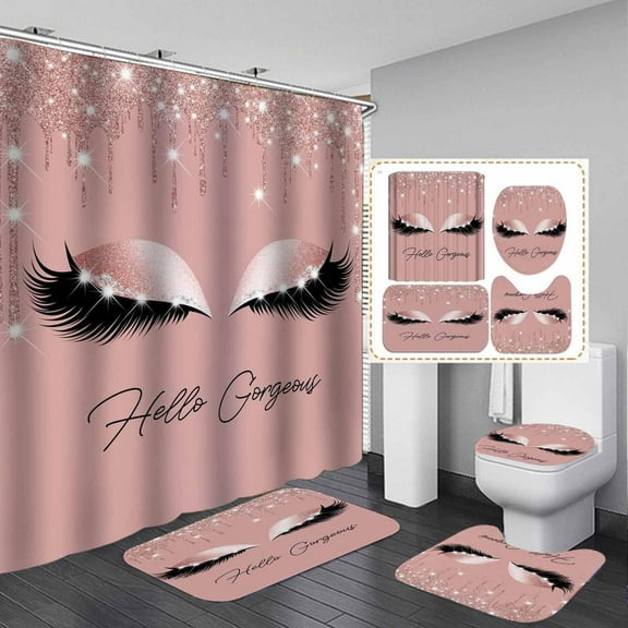 4PCS Hello Gorgeous Shower Curtain Set, Hot Pink High Heels Lipstick Makeup Fashion Girls Women Bathroom Decor, Waterproof Fabric Black Shower Curtain, Non-Slip Bath Mat Toilet Rug, Hot Pink