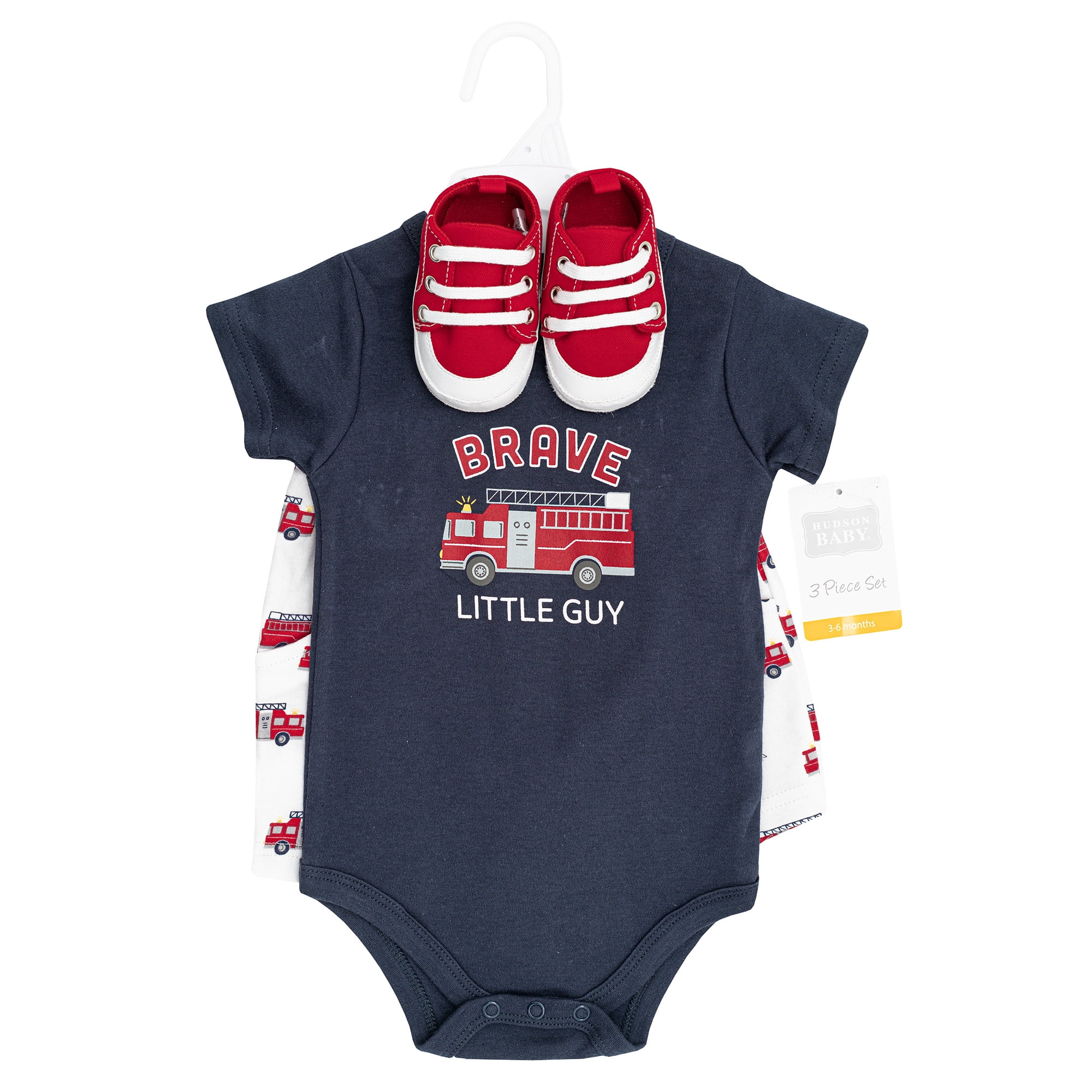 Hudson Baby Boy Cotton Bodysuit, Shorts and Shoe Set, Brave Firetruck, 0-3 Months