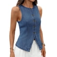 thumbnail image 2 of Chaleco Vaquero Elástico Sin Mangas para Mujer, con Botones y Cuello Redondo, Informal, Estilo Western para Verano Azul S, 2 of 10