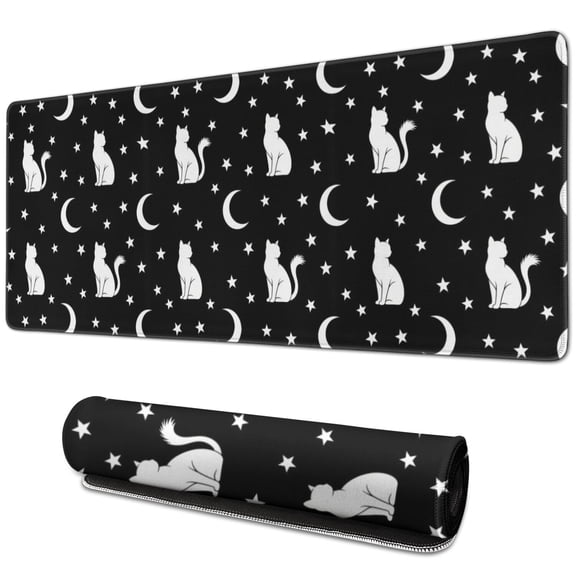 Long Mouse Pads for Desk,Black White Cat Moon Star Pattern Desk Mats on Top Of Desks, Desk Mouse Pad Extra Large with 3mm Non-Slip Base and Stitched Edge for Gaming,Office,Work,Home 31.5"x11.8"