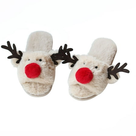 

Frcolor 1Pair Women Christmas Deer Slippers Winter Non-Slip Slippers Shoes (Beige)