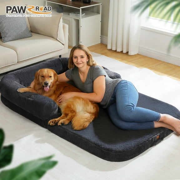 PAWZ Road Foldable Dog Bed for Child, Human Sized Plush Dog Bed Waterproof for Large Dogs, Dark Gray