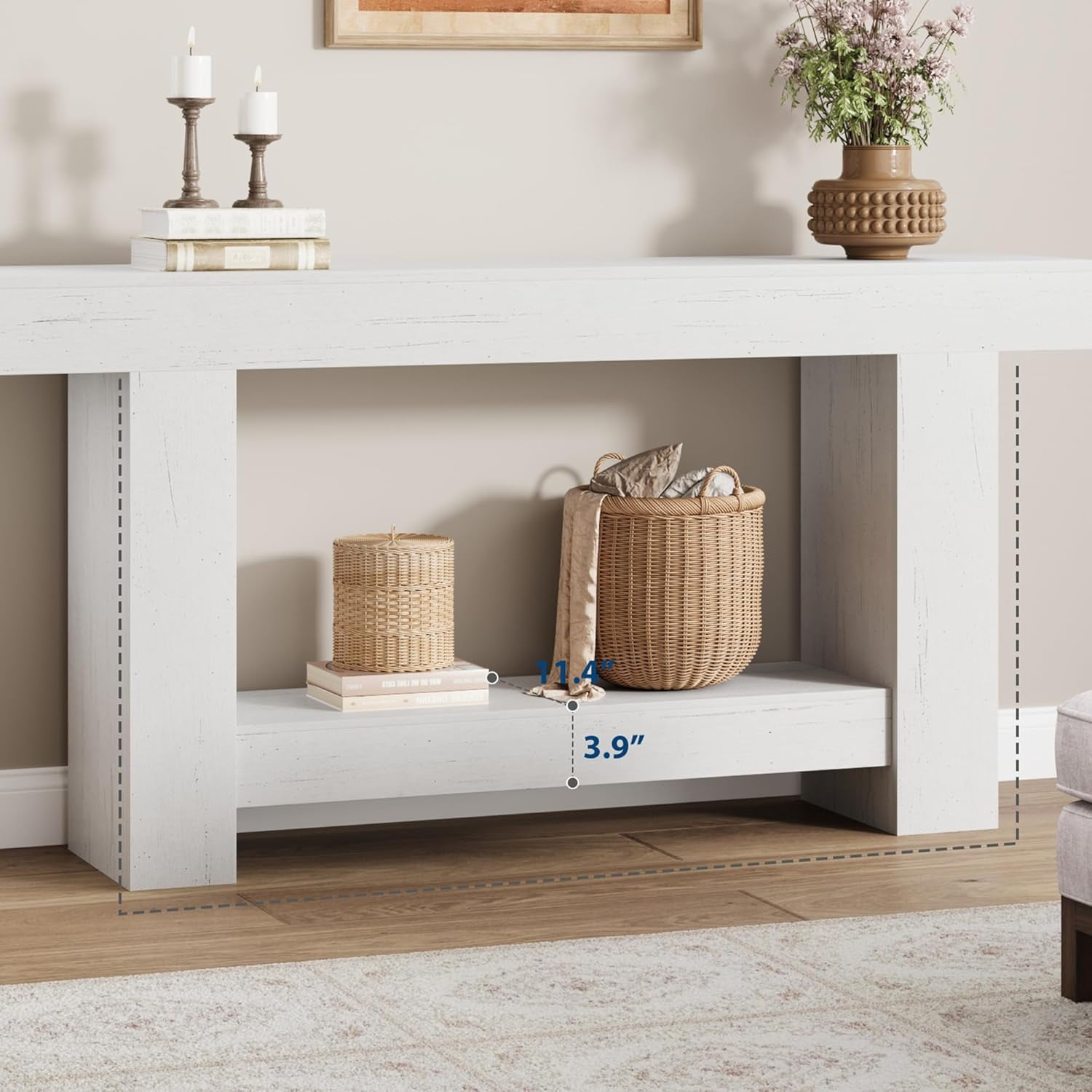 63'' Long Console Table, 2-Tier Narrow Entryway Table Sofa Table with Storage, Farmhouse Wood Behind Couch Table for Living Room, Hallway, White