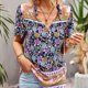 thumbnail image 2 of Tops con estampado de cuello en V para mujer, blusa holgada y cómoda con medio botón para vacaciones, 2 of 5