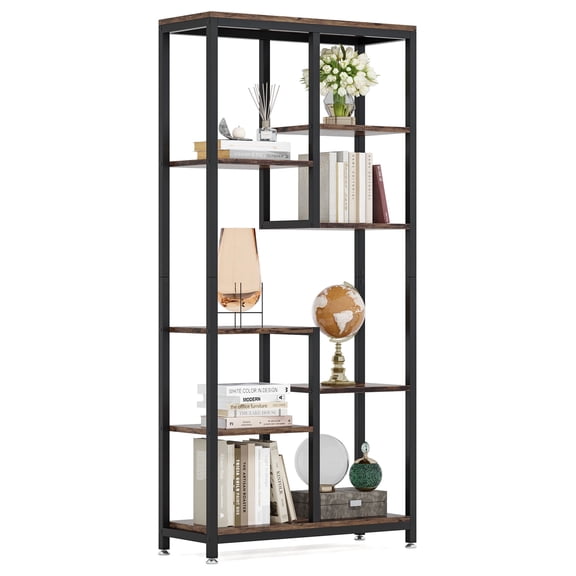 Fnova 6-Tier Tall Storage Shelf Unit, Asymmetrical 8-Shelf Industrial Open Bookcase Display for Living Room Bedroom Home Office