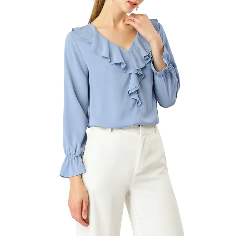 Unique Bargains Women s Ruffle V Neck Chiffon Work Office Peasant Blouse XS Baby Blue Walmart