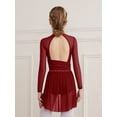 thumbnail image 6 of Hansber Kids Girls Lyrical Dance Dress Long Sleeve Sparkle Mesh Cutout Back Ice Figure Skating Leotard Dress Burgundy 10, 6 of 6