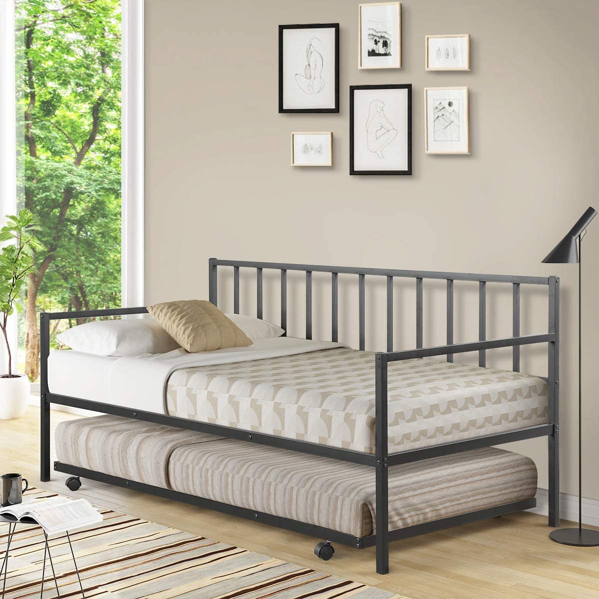 Twin Size Daybed and Trundle Frame Set, Trundle Bed with 4 Casters