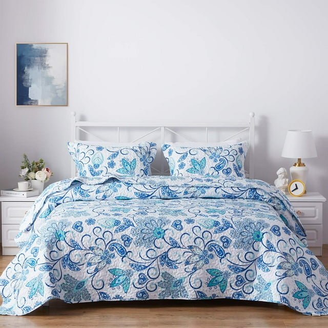 SunStyle Home Colchas florales tamaño Queen suave y duradera colcha acolchada ligera de verano reversible con estampado bohemio, juego de cama con fundas de almohada para todas las estaciones, 3 pieza