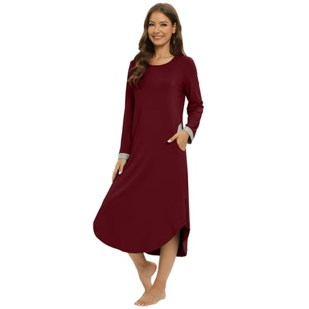 

Women s Long Nightgown Long Sleeve House Dress Round Neck Side Split Pajamas Sleepwear with Pockets Casual Comfy Full-Length Nightdress Red S-3XL