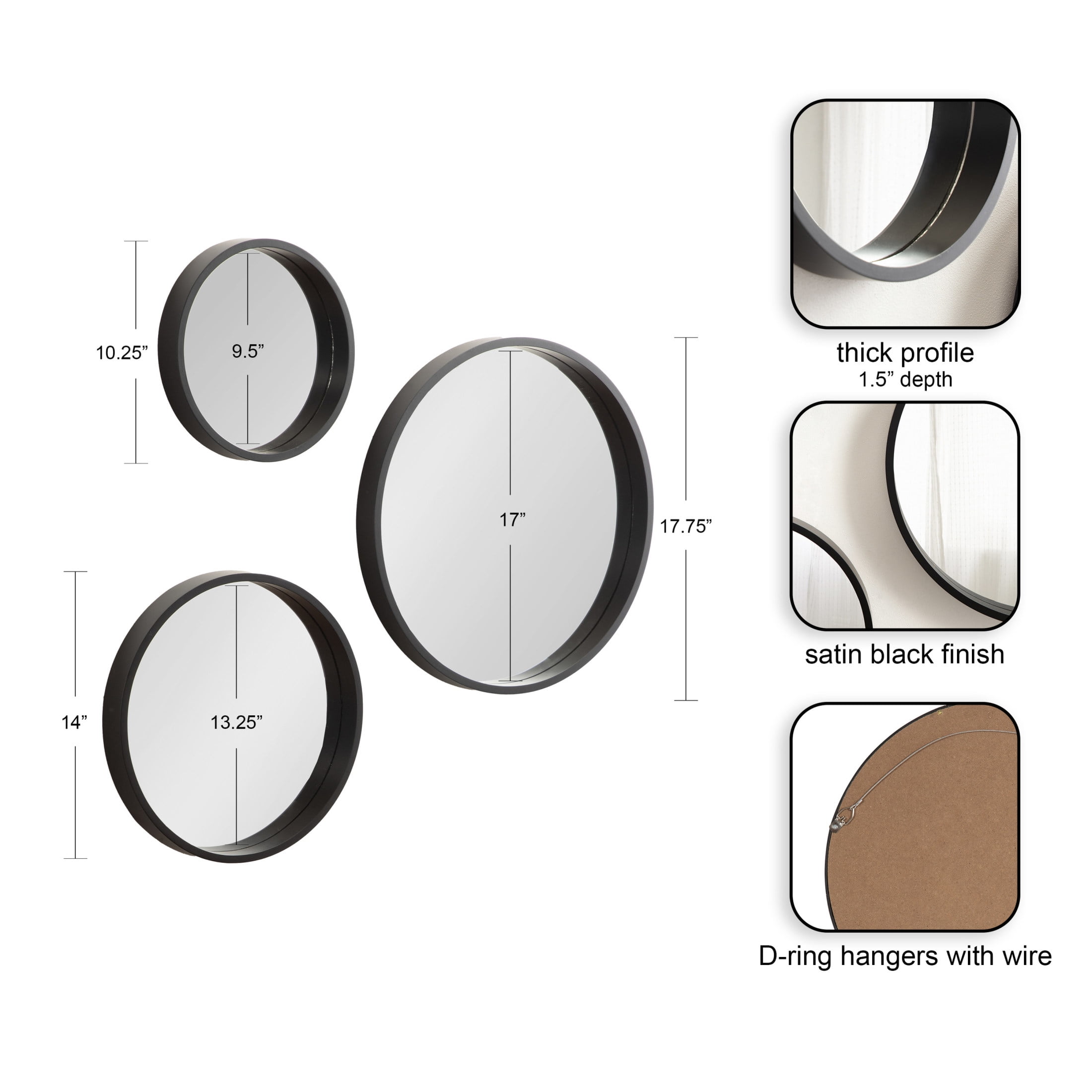 HLFMVWE Lot de 3 miroirs muraux ronds décoratifs noirs, miroir moderne, anneau d'art, miroirs en métal, décoration murale, miroir mural pour salon