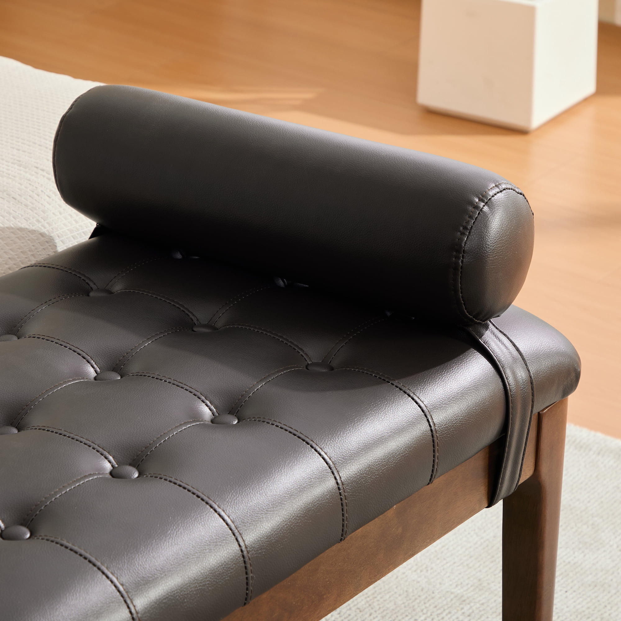 Upholstered Bed Bench 66 Inch, Button Tufted Faux Leather Bench with Dark Walnut Legs, End of Bed Bench for Bedroom and Entryway, Coffee