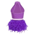 thumbnail image 3 of YiZYiF Kids Girls Shiny Dance Crop Top and Tassel Feather Briefs Skirt 2 Piece Ballet Latin Jazz Dance Outfit Set Purple 12, 3 of 6