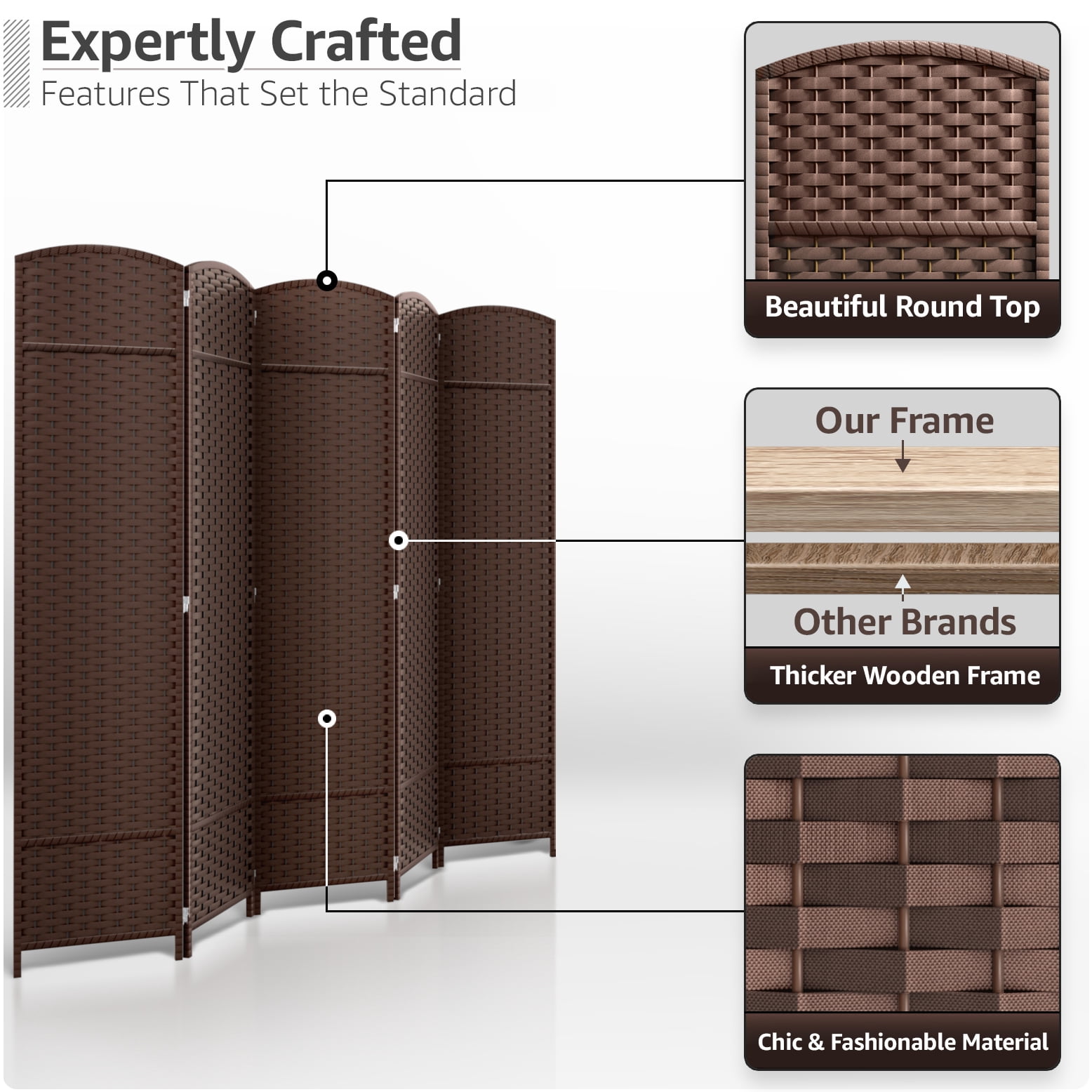 Sorbus 5-Panel Wide Folding Room Divider Privacy Screen, Hand-Woven Chocolate Mesh