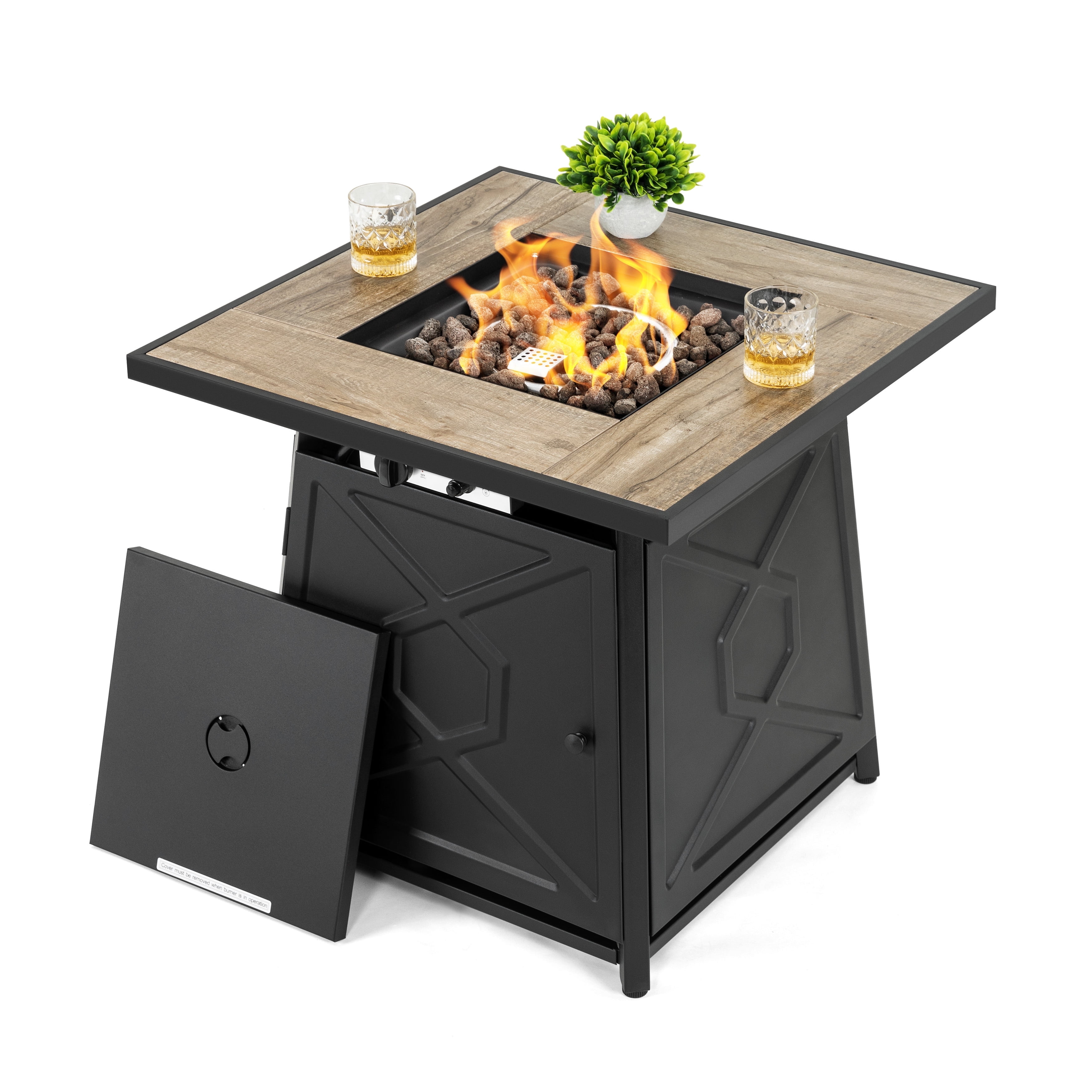 Nuu Garden Outdoor 28" Square 50000 BTU Propane Gas Fire Pit Table with Lid and Lava Rocks, Cover, MGO Tabletop Fire Pit Table, Black