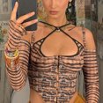 thumbnail image 2 of Sexy mujer Casual impreso manga larga espalda descubierta terrón hombro pulóver blusa camiseta Tops Fridja qr1584, 2 of 9