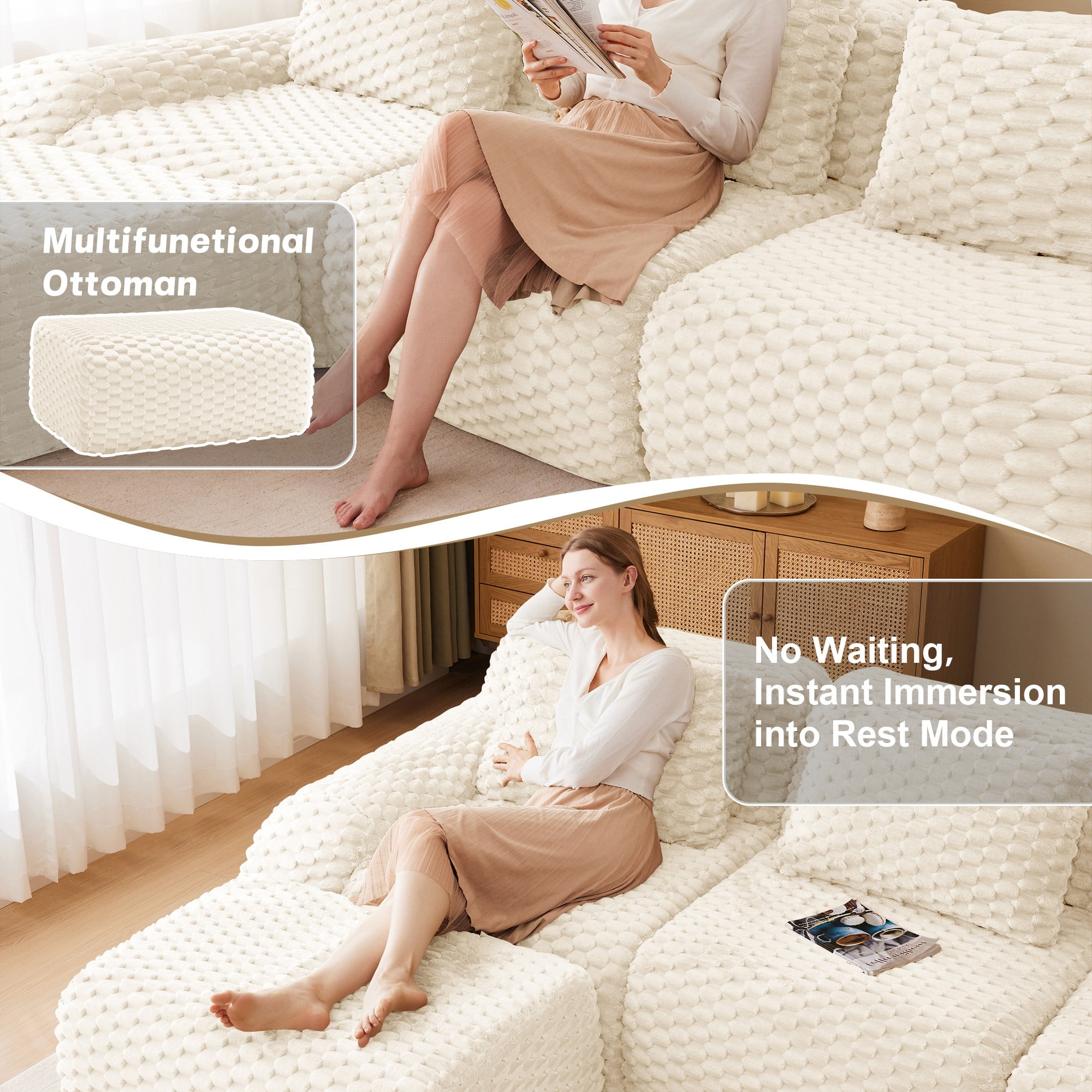 Aukfa 146" U-Shaped Modular Cloud Sectional Sofa, Oversized Deep-Seat 6-Seater Couch with 2 Ottomans, Flannelette Upholstered Boneless Sofa, White