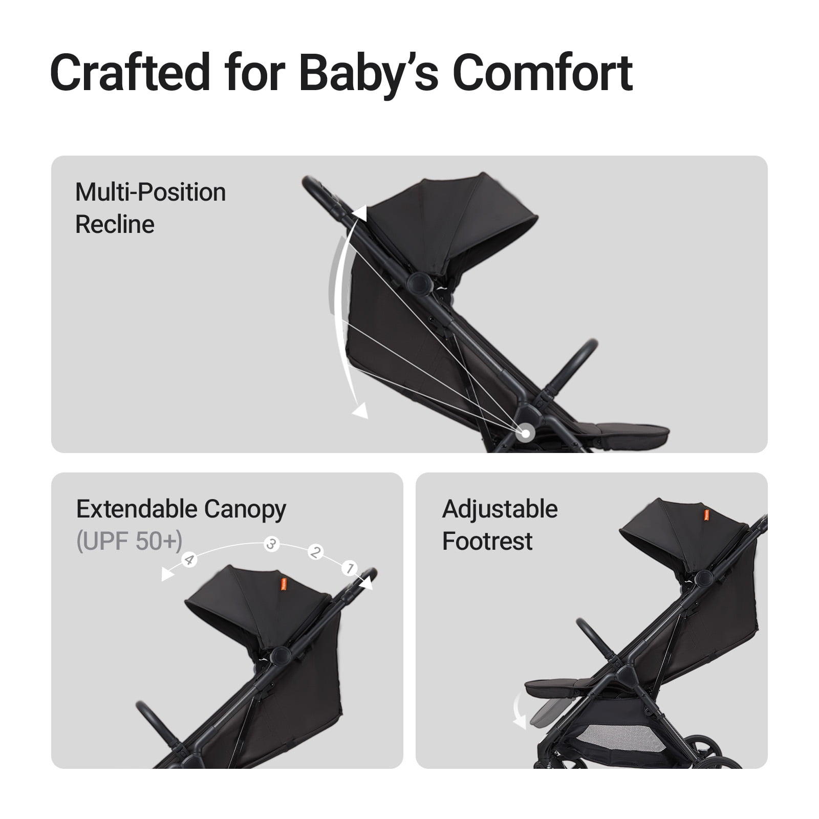 Mamazing Air Lite Travel Stroller, Black，Lightweight Compact One-Hand Fold，6-36m+，1 Count，