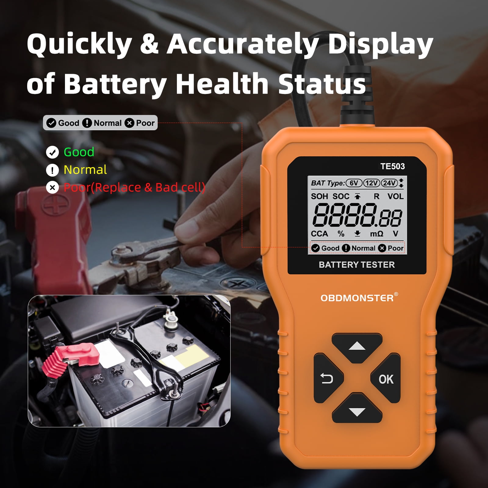 EVTSCAN Testeur de batterie 6V 12V 24V 3 en 1 Test de durée de vie des  batteries automobiles professionnelles BM550