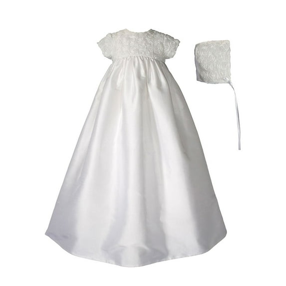 Baby Girls White Dupioni Silk Rosette Bonnet Christening Dress Gown 0-3M