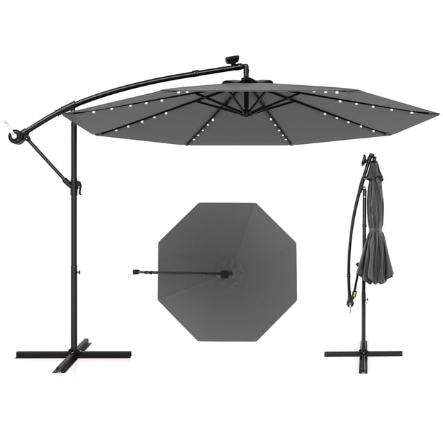 Gymax 10 Ft Solar LED 40 Lights Offset Umbrella Crank Cross Base Patio Gray