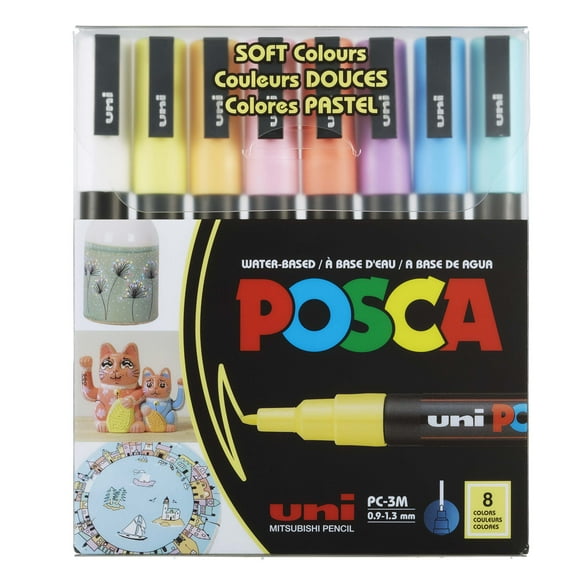 Marqueurs à peinture à base d’eau uni® POSCA PC-3M, pointe fine réversible (0,9 à 1,3 mm), couleurs douces, paquet de 8