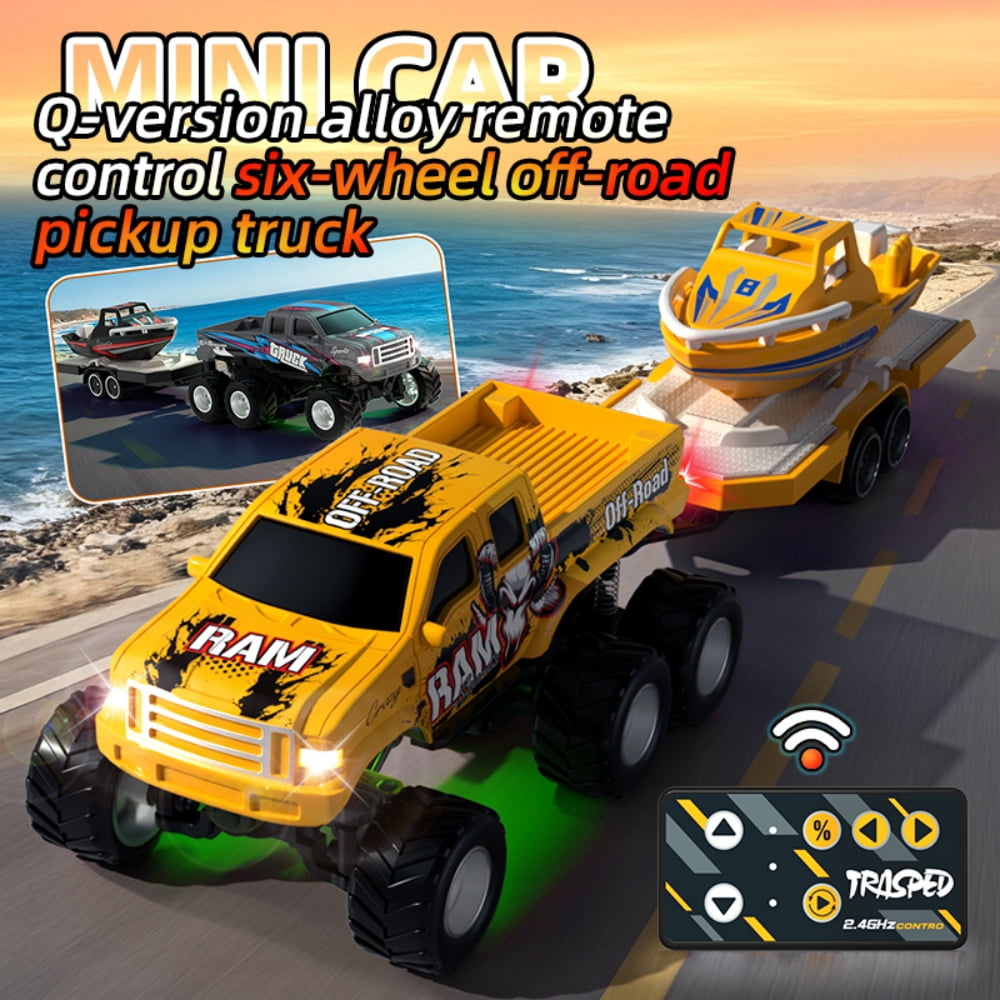 Mini Rc Truck, 1:64 Scale Monster Truck Remote Control Car with Speedboat and Lights, 2.4Ghz Remote Control, Mini Alloy Monster Truck Rc, Speed/Steering Adjustable