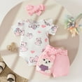 thumbnail image 2 of Hpapadks Baby Girl Outfit Short Sleeve Cartoon Bear Prints Romper Bowknot Shorts Hairband 3 Piece Set New Born Clothes Baby Girl Red 9-12 m, 2 of 7