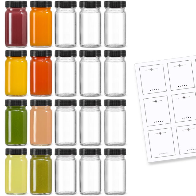Botellas de vidrio para chupitos LANDNEOO de 60 ml con tapas negras, paquete de 20
