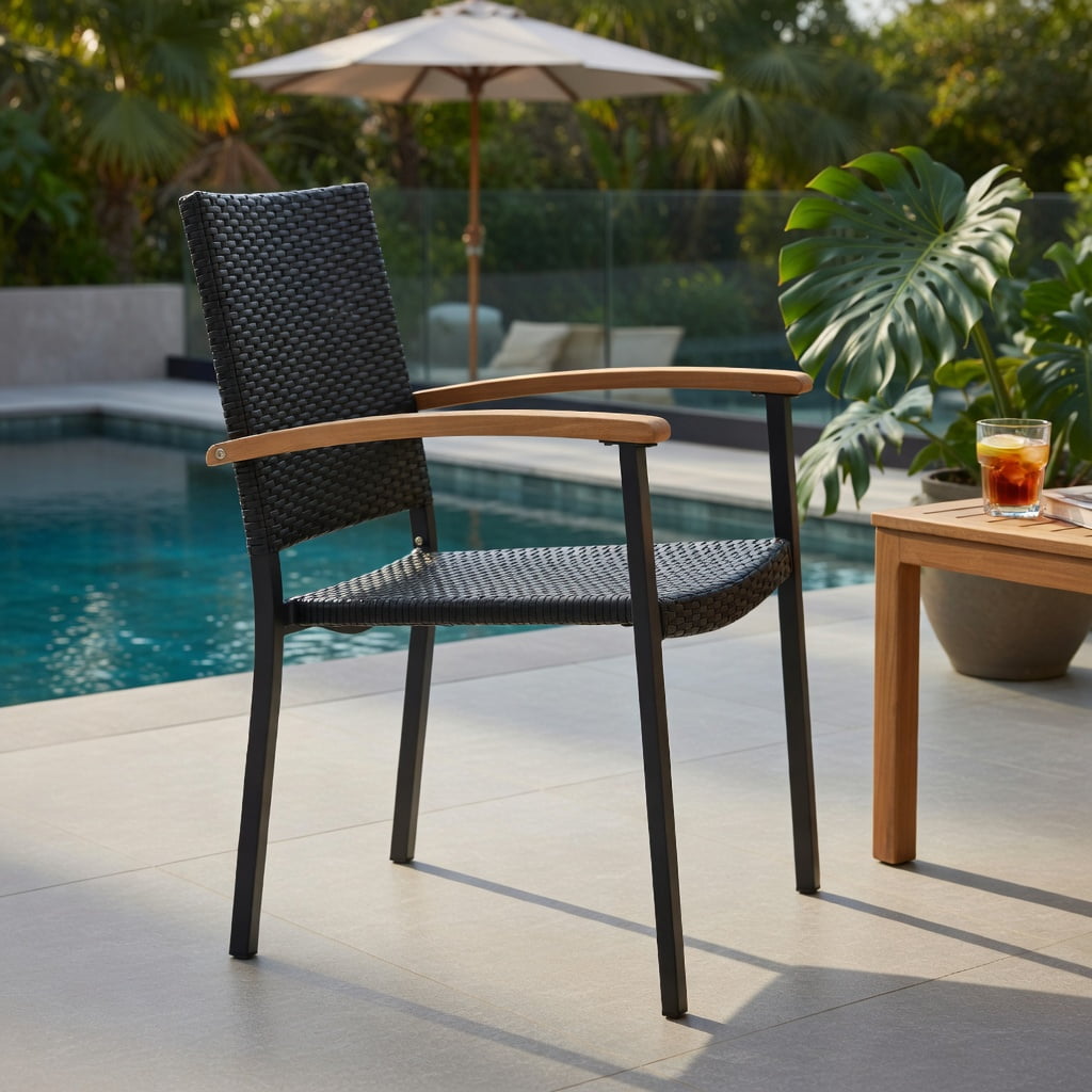 Hommoo Set of 4 Stackable Outdoor Patio Dining Chairs, PE Rattan Wicker with Powder-Coated Steel Frame & Acacia Wood Armrests, Rust-Resistant Backyard Seating, Black