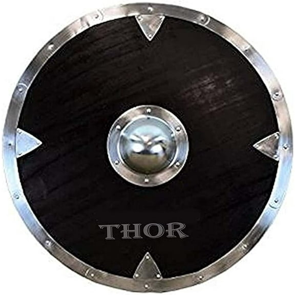 THOR INSTRUMENTS Viking Wooden Battles Shield with Steel Rim Black Painted Shield 24" Rustic Vintage Home Decor Gifts