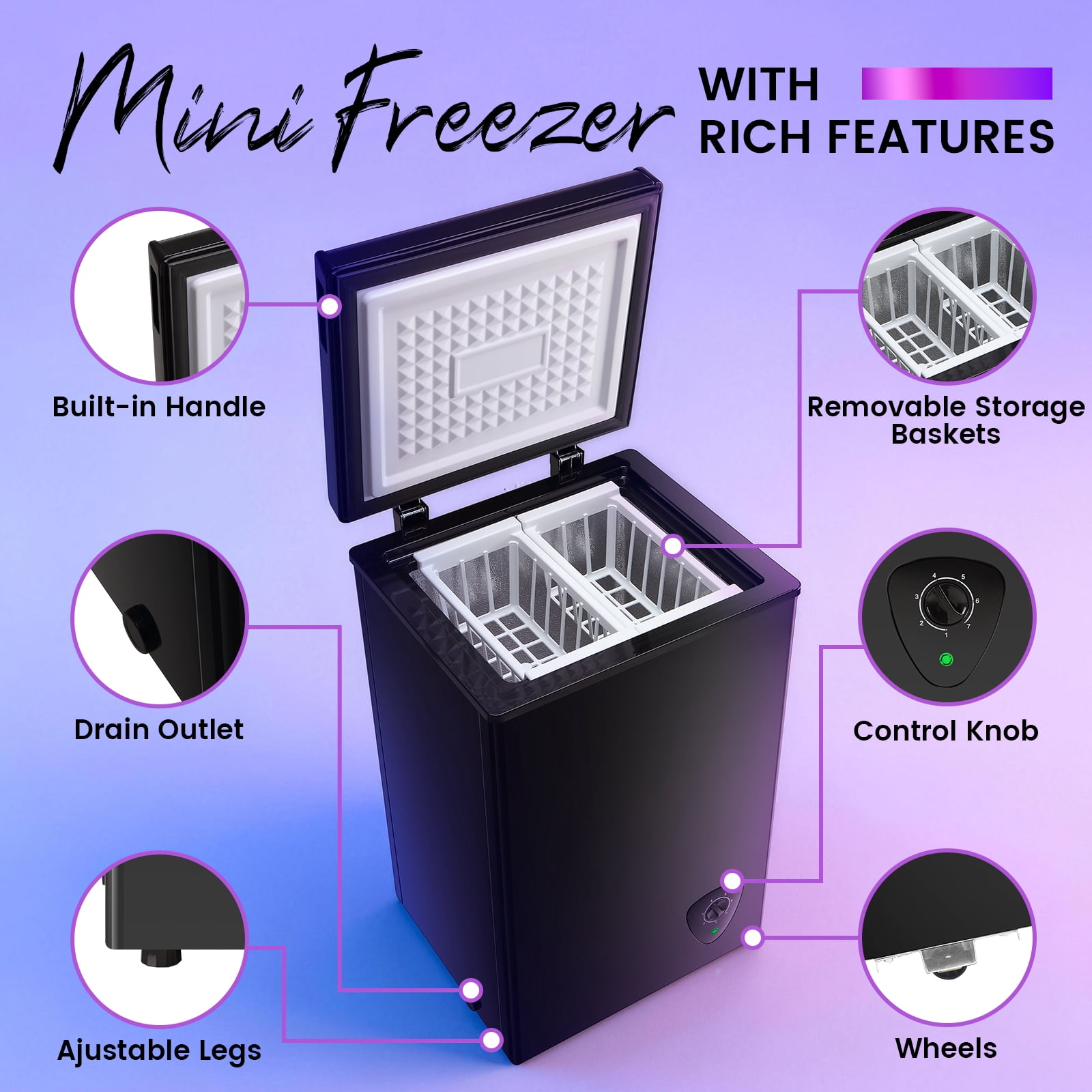 JIEJIA 2.5 cu.ft Compact Chest Freezer, Mini Freezer with Adjustable Temperature, 2 Removable Baskets, Top Open Door, Energy Saving, White