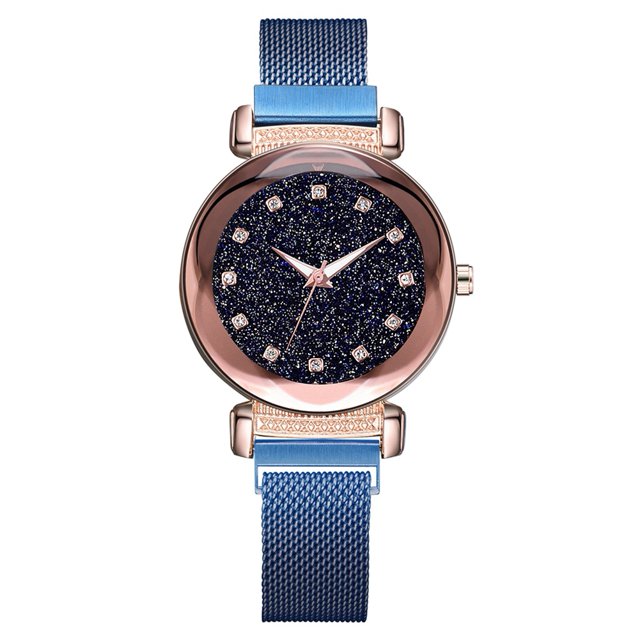 Reloj con esfera redonda y correa de aleación de moda para mujer, reloj magnético de cuarzo informal (azul)