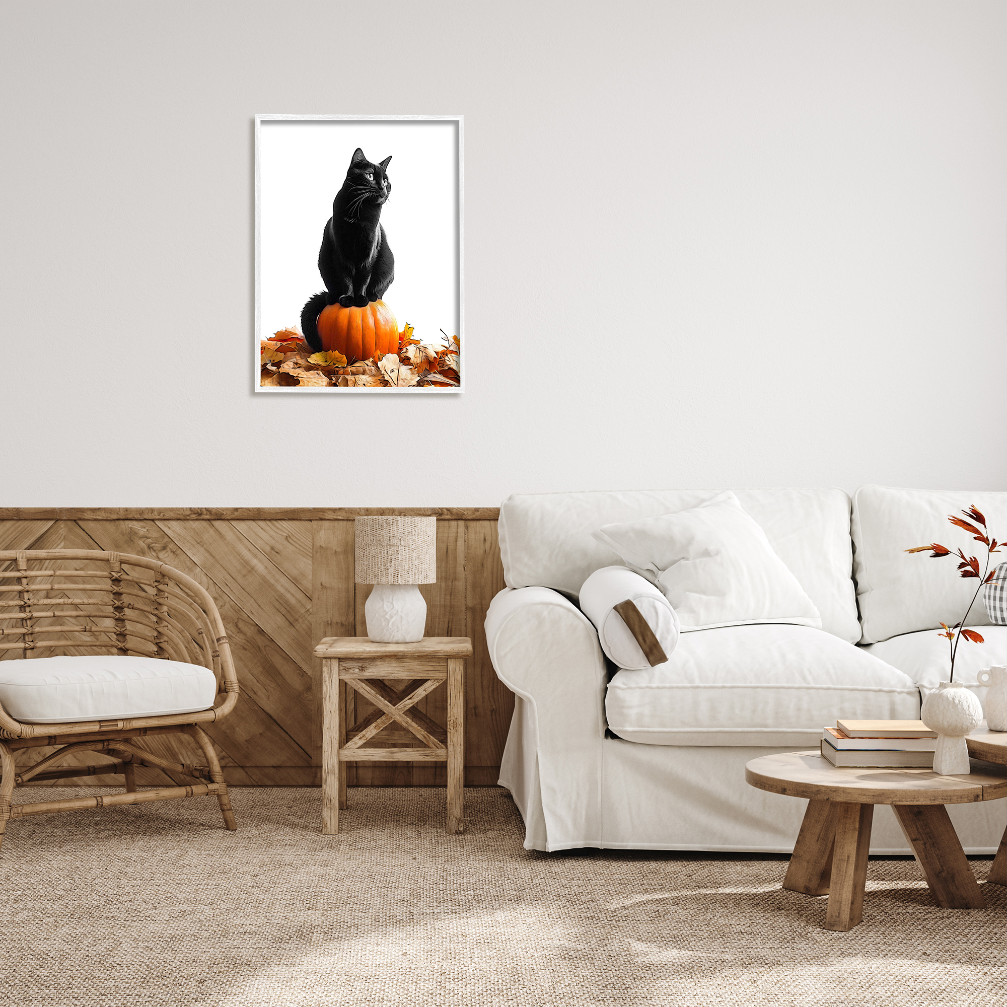 Stupell Industries Black Cat & Pumpkin Holiday Painting White Framed Art Print Wall Art, 24 x 30