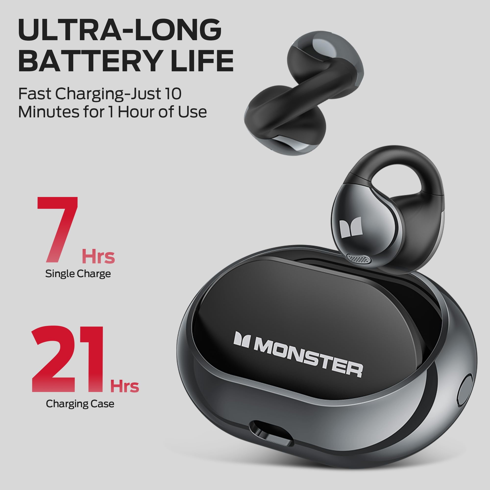 Monster Wireless Headphones Bone Conduction Ear Clip Bluetooth 5.4 Earphone Multi Mic AI noise Cancelling Wireless Earbuds, Black