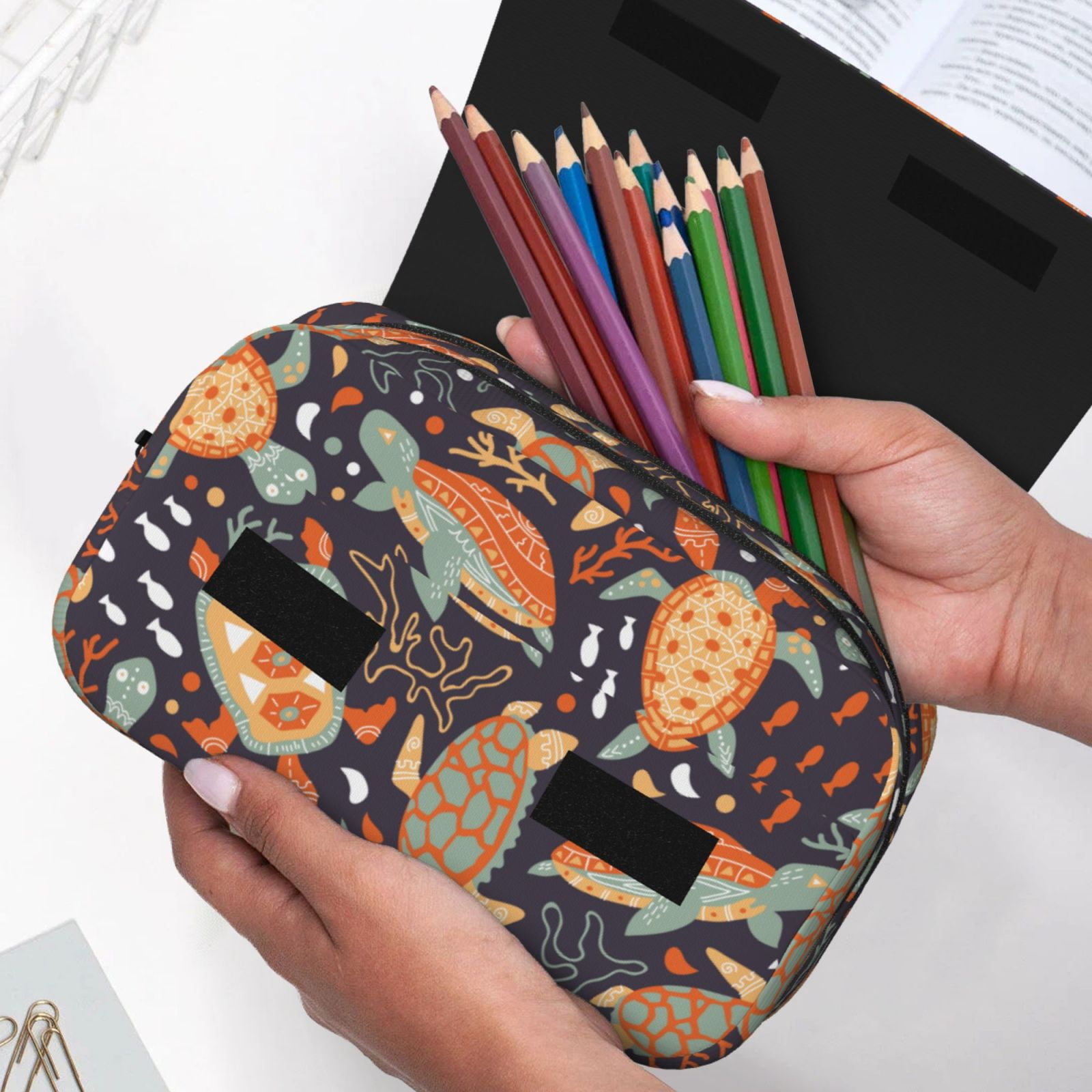 Rateoe Turtles and Sea Plants Pattern Double Clamshell Pen Case, Storage Organizer with Two Zipper Compartments– Holds Up to 50 Pencils & Pens