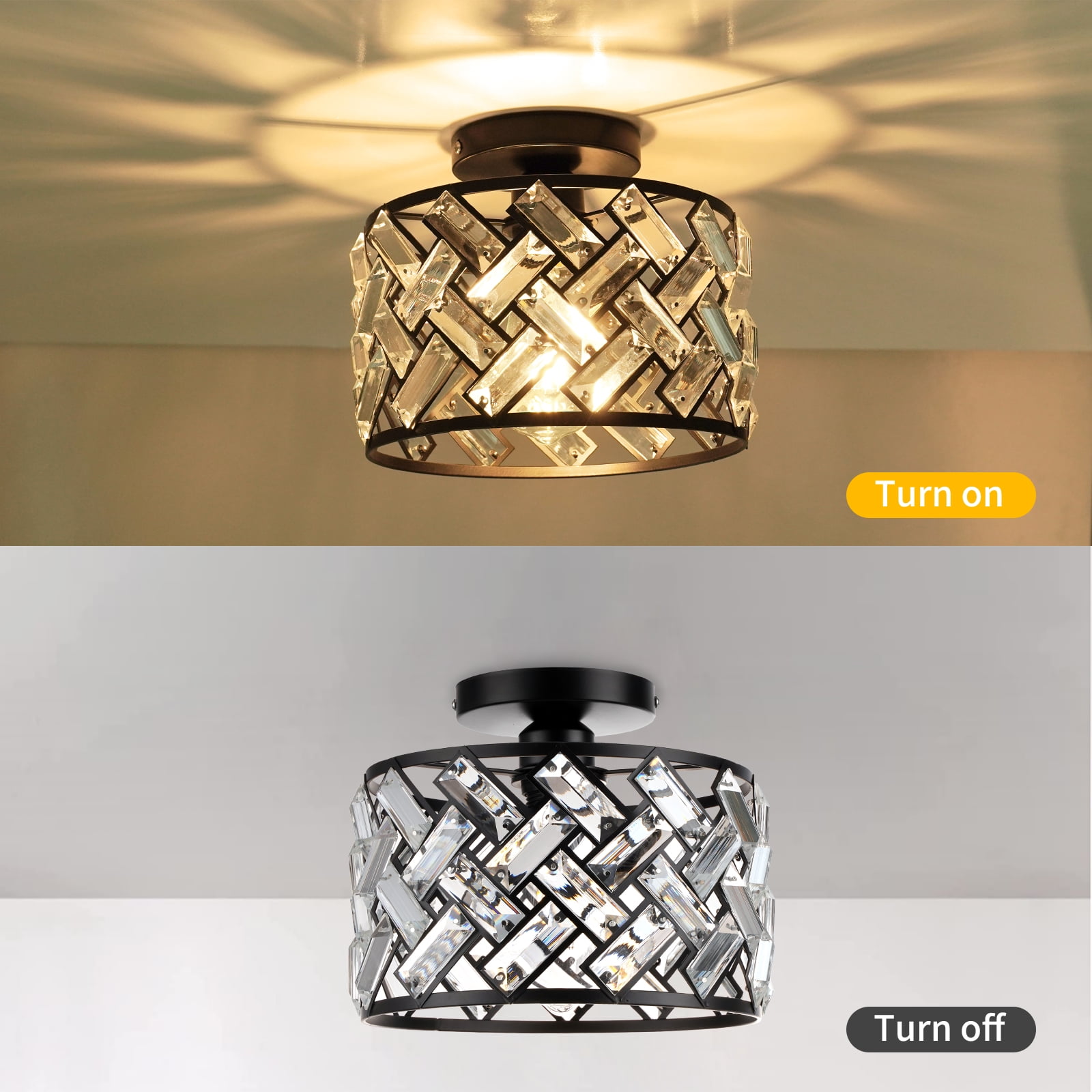 FRIDEKO HOME 8.86" Crystal Ceiling Light Fixture, E26 Base, Black Modern Semi Flush Mount Ceiling Light for Hallway, Closet, Foyer, Bathroom (Without Bulb)