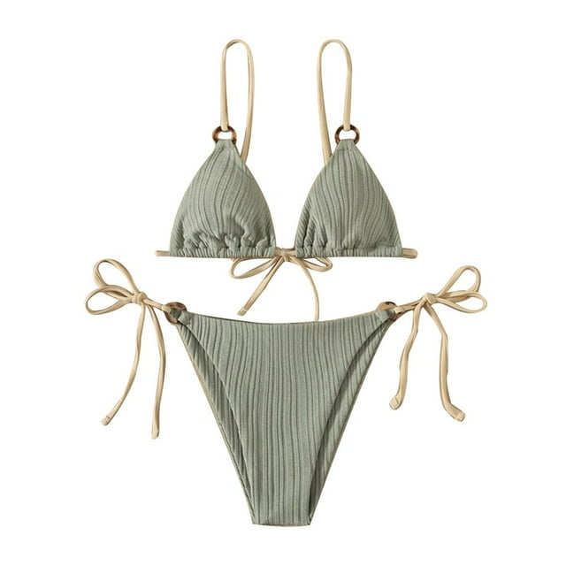 2 Pcs/Set Summer Bikini Set Solid Color Spaghetti Strap Hoop Classic Women Swimsuit for Water Sports