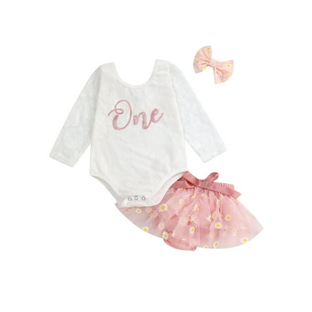 

Gureui Toddler Infant Baby Girls 3Pcs Outfits Long Sleeve Letter Print Round Neck Romper + Stitching Daisy Pattern Skirt Shorts + Bow Hairband Clothes Set