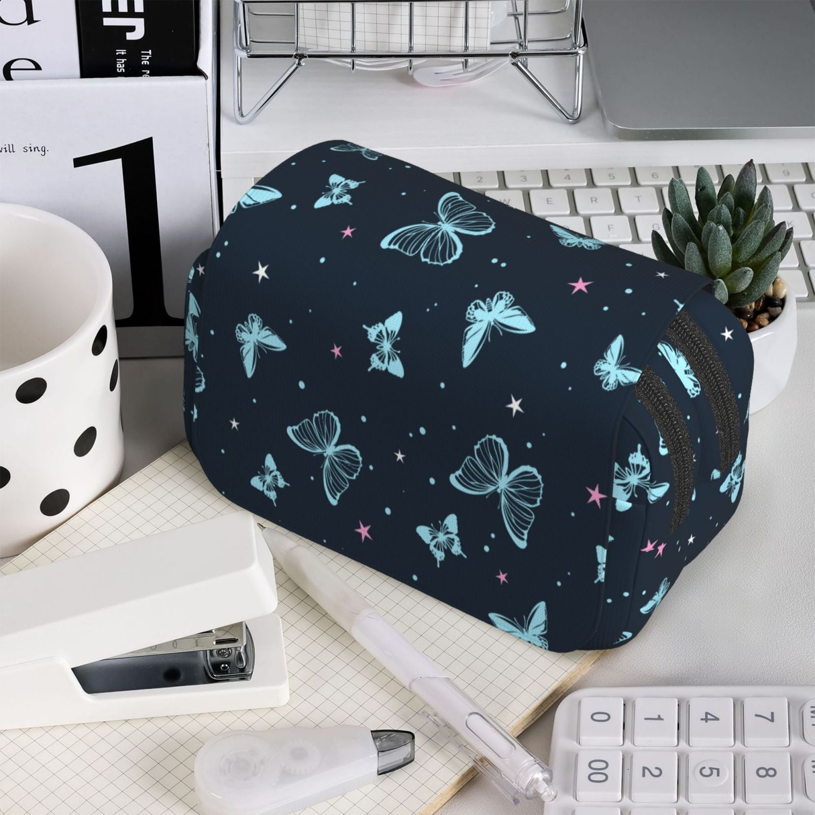 Rateoe Beautiful Butterflies Pattern Double Clamshell Pen Case, Storage Organizer with Two Zipper Compartments– Holds Up to 50 Pencils & Pens