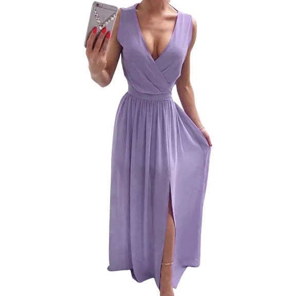 Quixlent Women Evening Dress V Neck Sleeveless Pleated Split Hem Slim Waist Floor Length Solid Color Wedding Cocktail Party Prom Maxi Dress