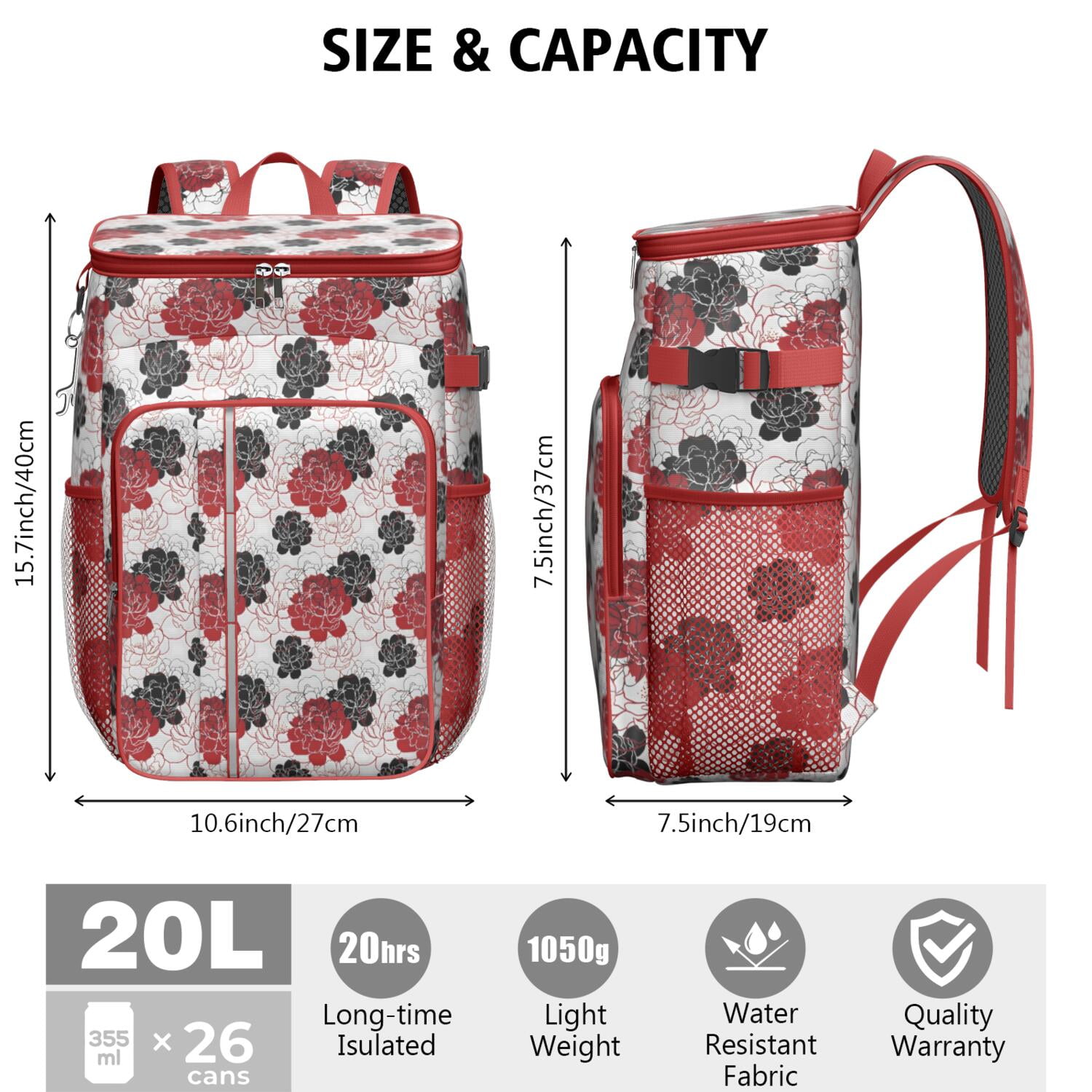 Travel Cooler Bag - Pioneer Flower Floral Print Pattern Camping Beer Cooler Backpack with Bottle Opener- Waterproof Insulated Picnic Backpacks - Cooler Bag for Beach