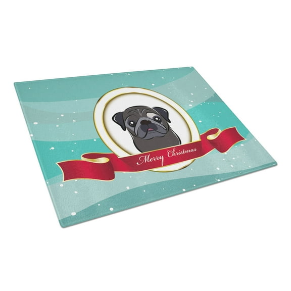 Caroline's Treasures Black Pug Merry Christmas Glass Cutting Board Large